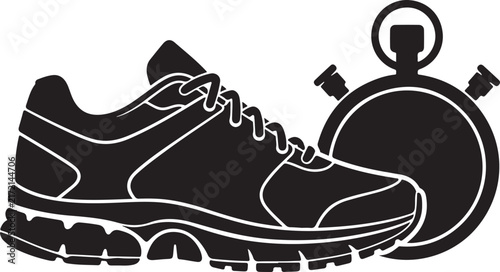 Running shoe and stopwatch vector icon, black sneaker silhouette for fitness tracking, athletic footwear and timer graphic