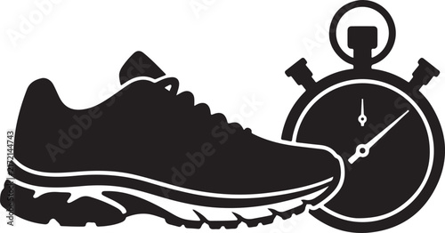Running shoe and stopwatch icon, black silhouette of sneaker with timer, fitness and marathon training vector graphic