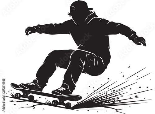 Skateboarder silhouette vector illustration, urban skater performing a trick, black and white extreme sports graphic for streetwear