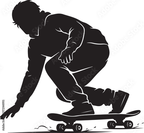 Skateboarder silhouette vector, male skater performing trick on longboard, black and white extreme sports graphic, urban street culture illustration