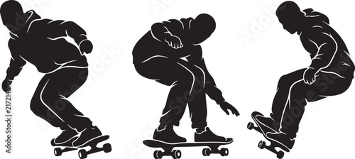 Skateboarder silhouette vector set, black and white skating action poses, urban street skater graphics for apparel design