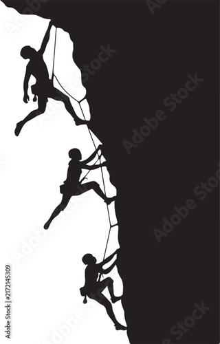 Rock climbing silhouette vector, group of mountaineers scaling steep cliff, extreme sports team climbing mountain wall