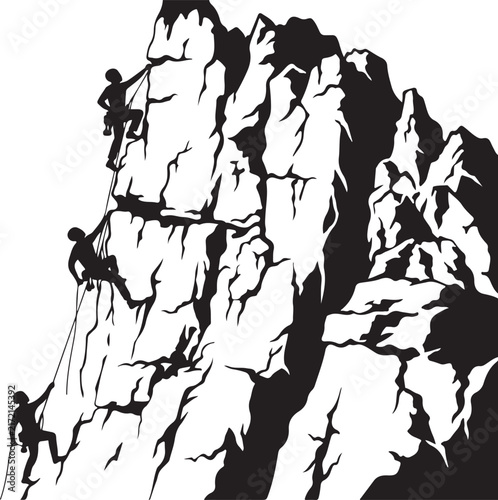 Rock climbing silhouette vector, mountain climbers scaling steep cliff face, outdoor adventure and extreme sports illustration