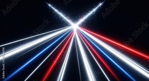 Abstract light trails in red, white, and blue colors converging at a central point with sparkling particles, creating a sense of speed, motion, and futuristic energy on a dark background