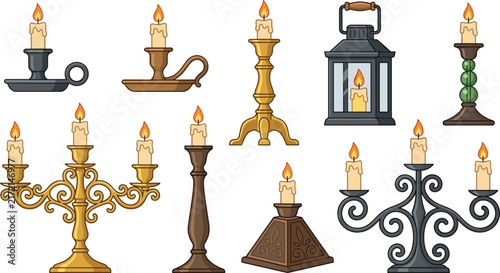 Vintage Candlestick and Burning Candle Vector Icon Set with Candelabras Lantern and Antique Holders for Interior Decor Designs