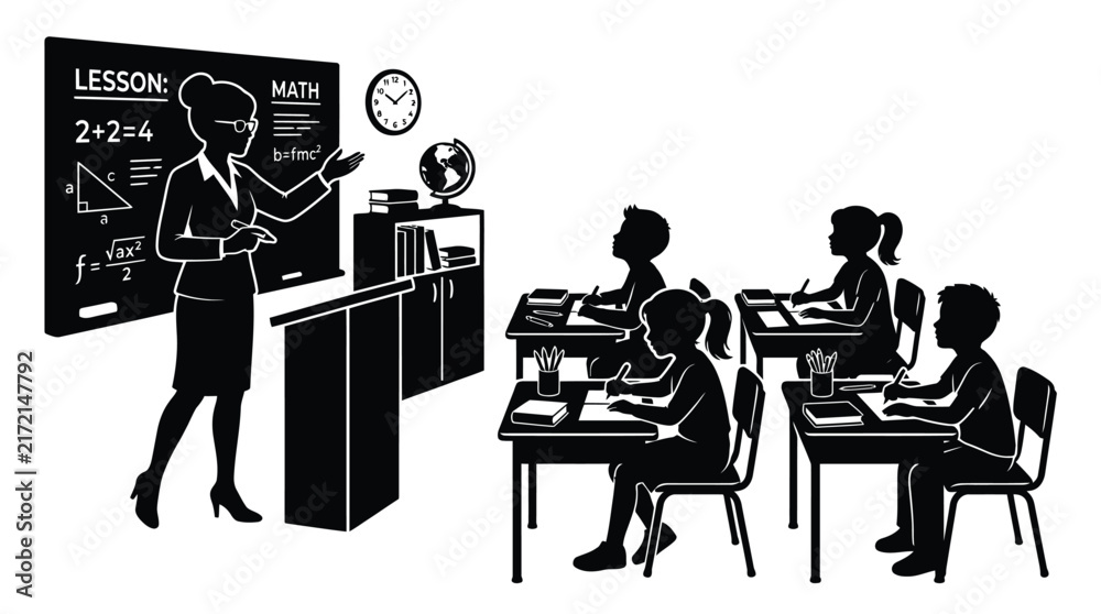 Fototapeta premium Teacher stands at a blackboard explaining math to attentive students.