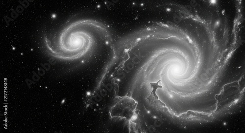 Artistic depiction of two swirling spiral galaxies in deep space, featuring bright glowing cores, cosmic dust clouds, and scattered stars against a vast black background, of the universe