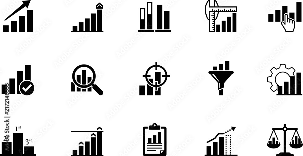 Obraz premium Set of black and white business bar chart icons for data analysis and reporting