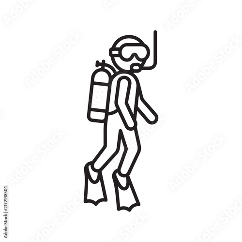 Scuba diving line icon vector illustration featuring a simple graphic of a person equipped with a mask snorkel oxygen tank and fins ideal for web design apps infographics and representing water