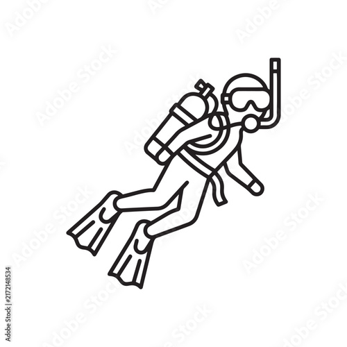 Scuba diving line icon vector illustration of an underwater diver equipped with a mask snorkel oxygen tank and fins symbolizing marine exploration water sports and aquatic adventure activities