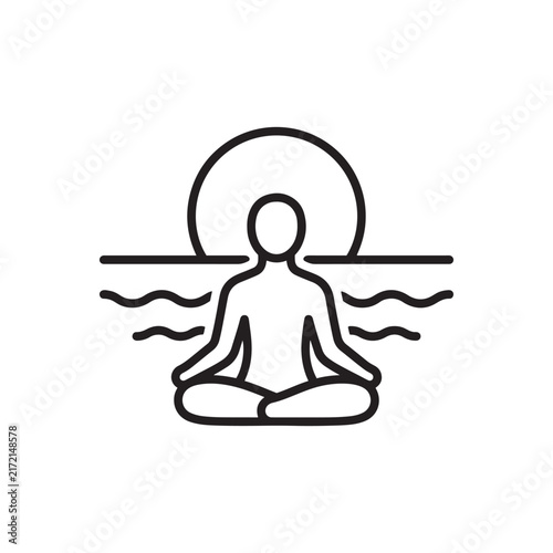 Minimalist line art icon illustration of a person meditating in the lotus position during a serene sunset or sunrise symbolizing peace mindfulness spirituality holistic wellness and tranquility by