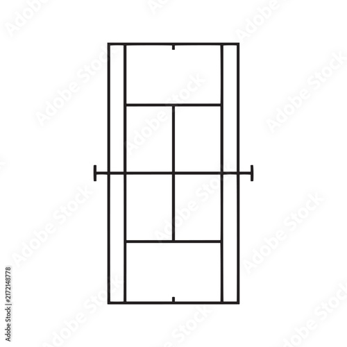 Minimalist black and white tennis court vector icon illustration with a top view perspective depicting the essential lines of a professional sports field for game match and competition layouts