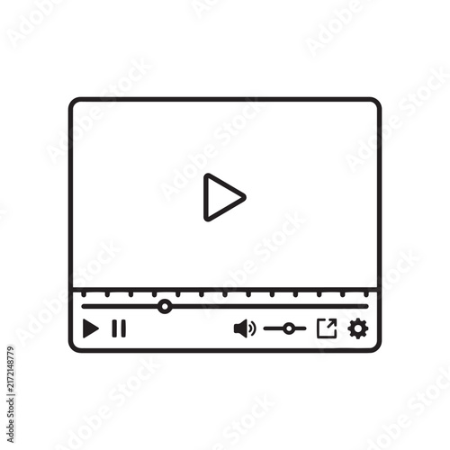 Modern minimalist video player interface template vector icon in a clean line art style showcasing essential uiux controls for web design and digital media features include play pause progress bar