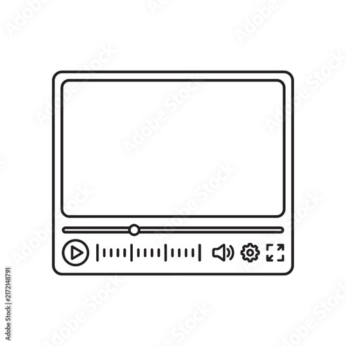 Clean and modern vector outline icon of a video player interface template with essential playback controls including play pause volume settings and fullscreen options ideal for web design streaming