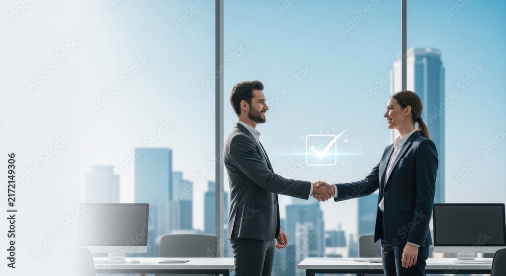 Fototapeta premium Business man and woman in suits shaking hands in a bright office with city skyline view and a glowing digital checkmark floating between them during a successful corporate agreement