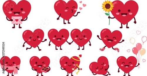 Cute Kawaii Heart Character Mascot Vector Set with Valentine Theme, Holding Love Letter, Chocolate Box, Cupid Bow, and Balloons for Romantic Greeting Graphic Designs