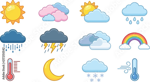 Weather Forecast Icon Set with Sun Clouds Rain Thunderstorm Rainbow Snow and Thermometer Symbols Vector Graphics
