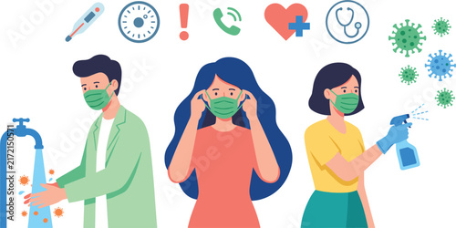 Virus Prevention Vector Set with People Wearing Face Masks, Washing Hands, and Spraying Disinfectant for Healthcare Protection Concepts