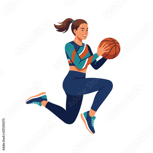 Dynamic Athletic Woman Playing Basketball In Mid-Air