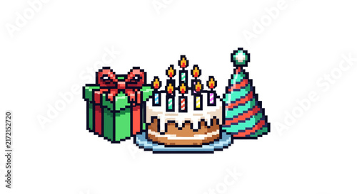 Pixel art birthday cake celebration.