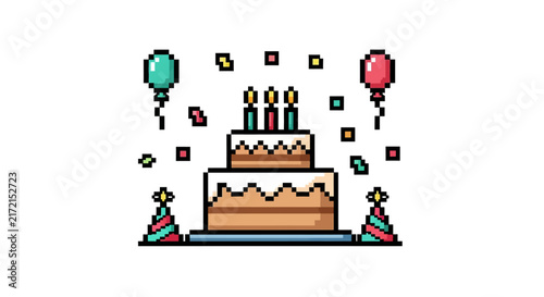 Pixel art birthday cake celebration.