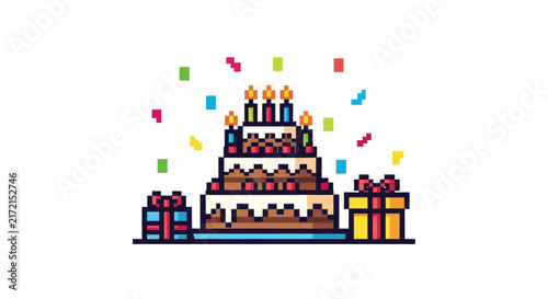 Pixel art birthday cake celebration.
