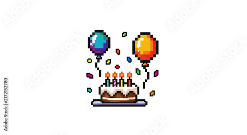 Pixel art birthday cake celebration.