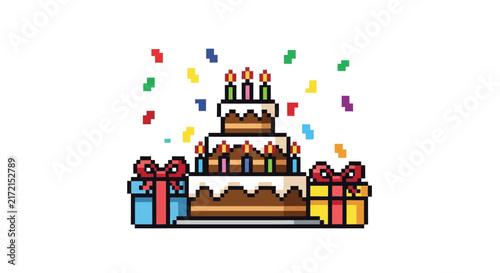 Pixel art birthday cake celebration.