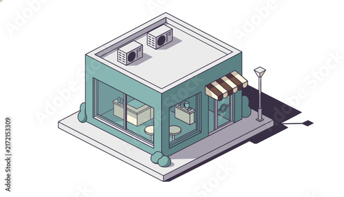 Isometric illustration of a modern cozy coffee shop or small store with large glass windows, striped awning, and flat roof.