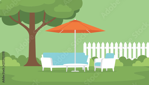 Cozy backyard patio set with a blue sofa, matching armchair, and white coffee table sheltered under a large orange sun umbrella.