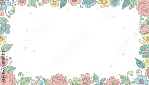 Beautiful floral frame template featuring hand-drawn pastel flowers and green leaves arranged in a delicate border on a white background.
