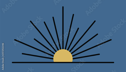 Minimalist design of a golden half sun rising above a black horizon with radiating linear rays against a dark blue background.
