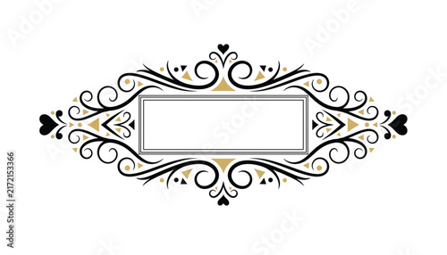 Elegant vintage ornamental frame template featuring intricate black swirls and golden geometric accents on a clean white background.