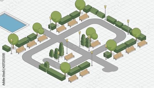 Isometric vector map of a beautiful city park featuring winding gray pathways, wooden benches, green hedges, street lamps, and a pool.