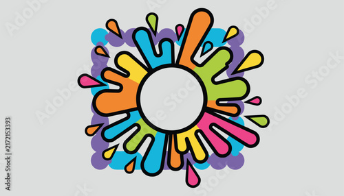Creative paint splatter frame design featuring vibrant multi-colored ink splashes surrounding a central circular white blank space.