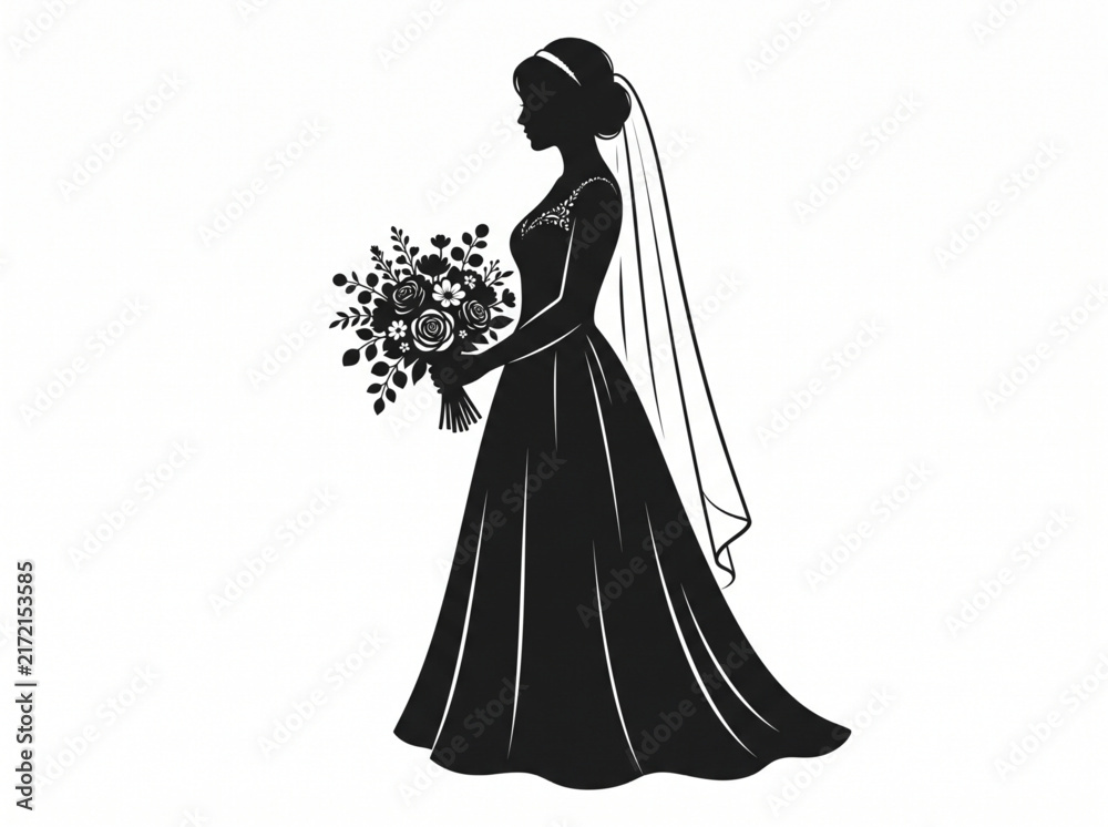 Fototapeta premium Bride in Elegance Gown Holding Flower Bouquet Silhouette Vector