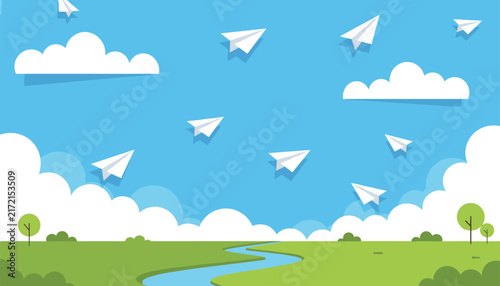Dreamy flat design illustration of several white paper planes flying freely in a blue sky with fluffy clouds above a winding river.