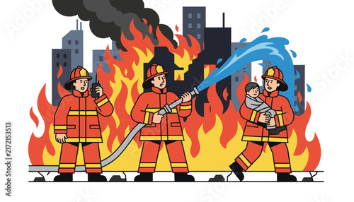Courageous firefighters battling a massive city fire while spraying water and rescuing a young child from the burning building.