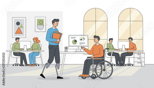 Inclusive modern workplace scene with diverse employees working collaboratively, featuring individuals with physical disabilities.