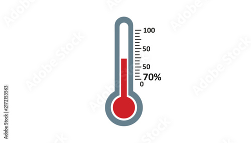 Simple gray thermometer icon indicating a high red temperature level at seventy percent against a plain white background.