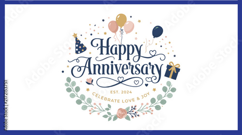 Happy Anniversary Elegant Floral Greeting Card with Balloons and Decorative Celebration Elements