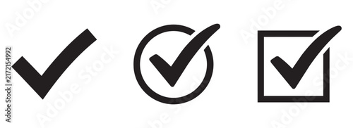 Obraz na plátně Three variations of classic checkmark graphic showing simple tick sign circular checkbox and square tick box for forms and verification systems