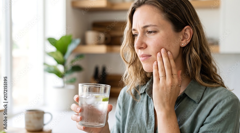 Fototapeta premium A young woman with a pained expression holds a glass of iced water, touching her cheek due to tooth sensitivity or discomfort in her kitchen.