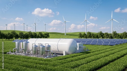 Modern biogas plant with wind turbines and solar panels in green field.