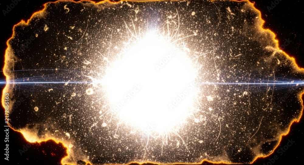 Obraz premium Intense explosion of bright white light surrounded by a glowing orange ring of fire and scattered particles, resembling a cosmic supernova or a powerful energy blast in deep space darkness
