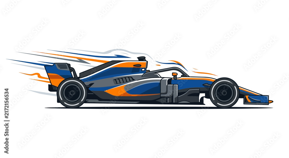 Fototapeta premium Flat Vector Illustration of a Modern Open-Wheel Formula Race Car with Blue and Orange Livery, Featuring Dynamic Aerodynamic Speed Lines and Motion Effects on a White Background.