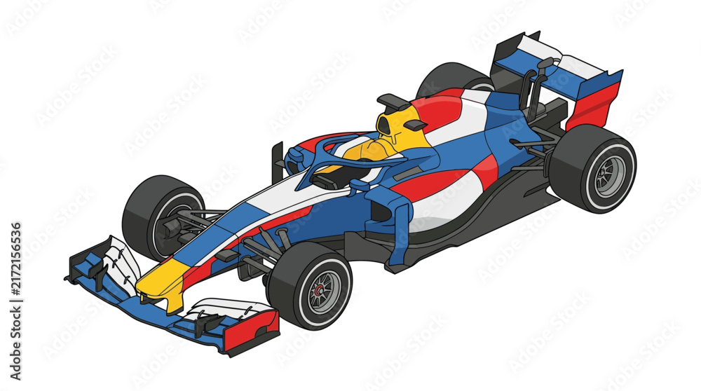 Naklejka premium Isometric Vector Illustration of a Modern Formula 1 Racing Car with Blue Red and White Livery, Professional Motorsports Vehicle Concept Graphic Isolated on White Background