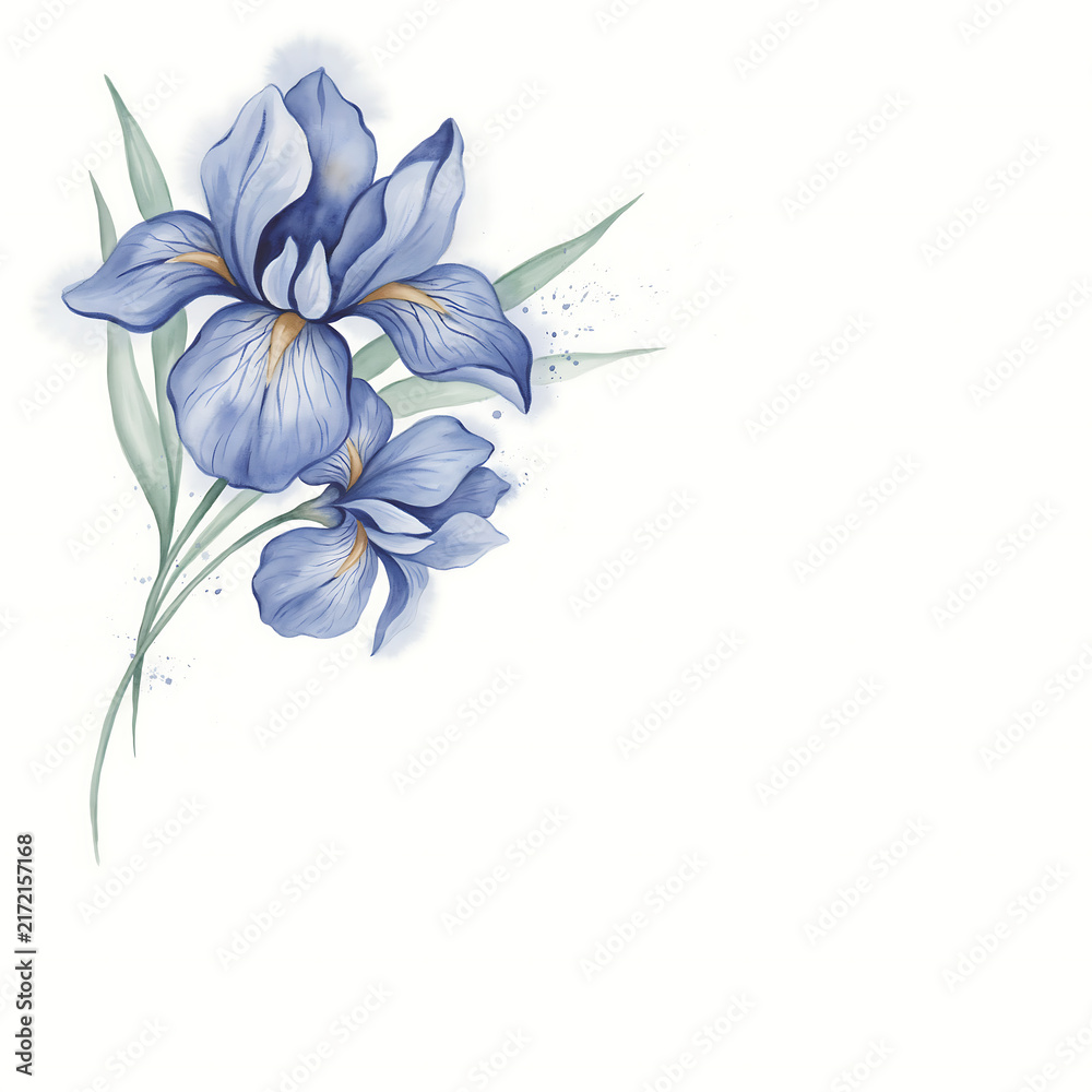 Obraz premium Watercolor painting of two blue iris flowers with green leaves isolated on a transparent background