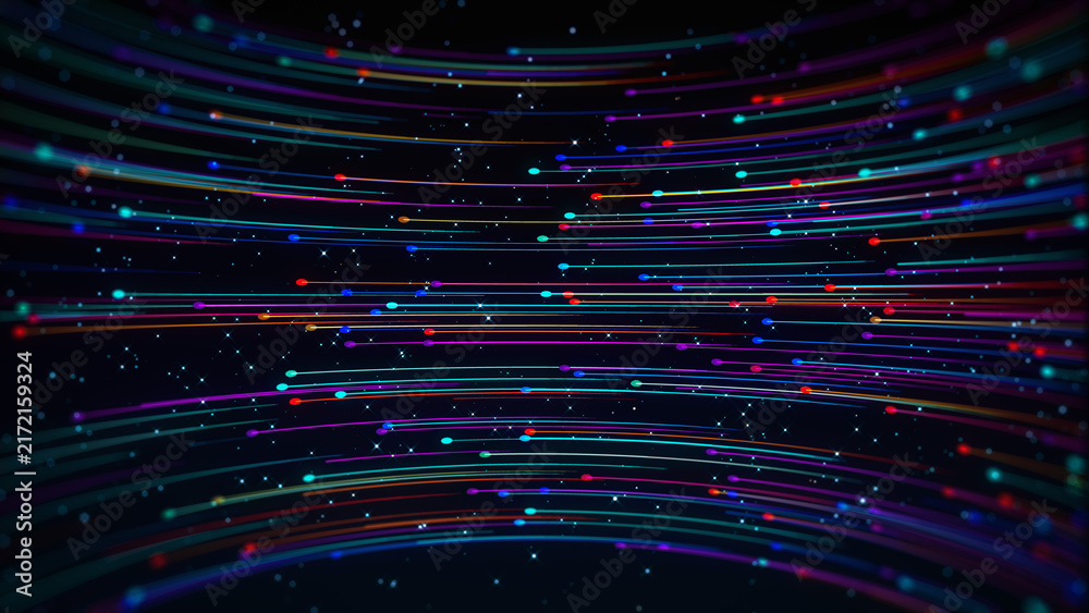 Obraz premium Colorful 3D curved particle lines and glowing light trails sweep through deep starry space, creating a futuristic digital background for technology, innovation, science, and modern media.