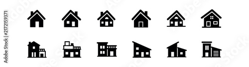Minimalist black real estate house icons set on transparent background.